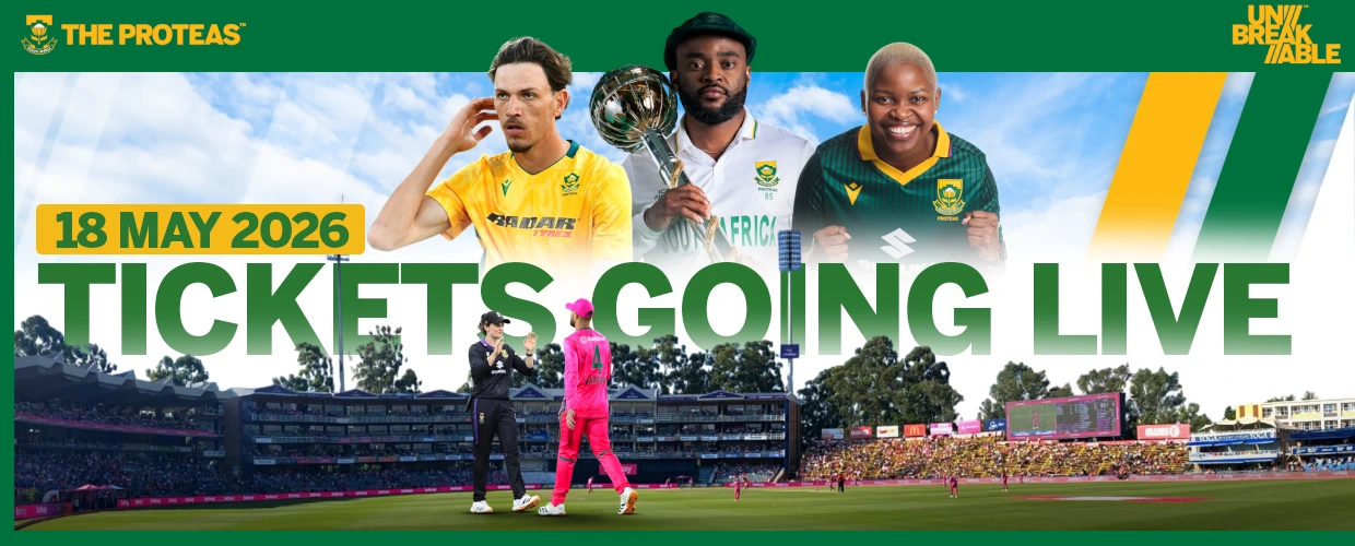 Promotional banner for The Proteas announcing tickets going live on 18 May 2026, featuring SA players with a trophy above a cricket stadium crowd.