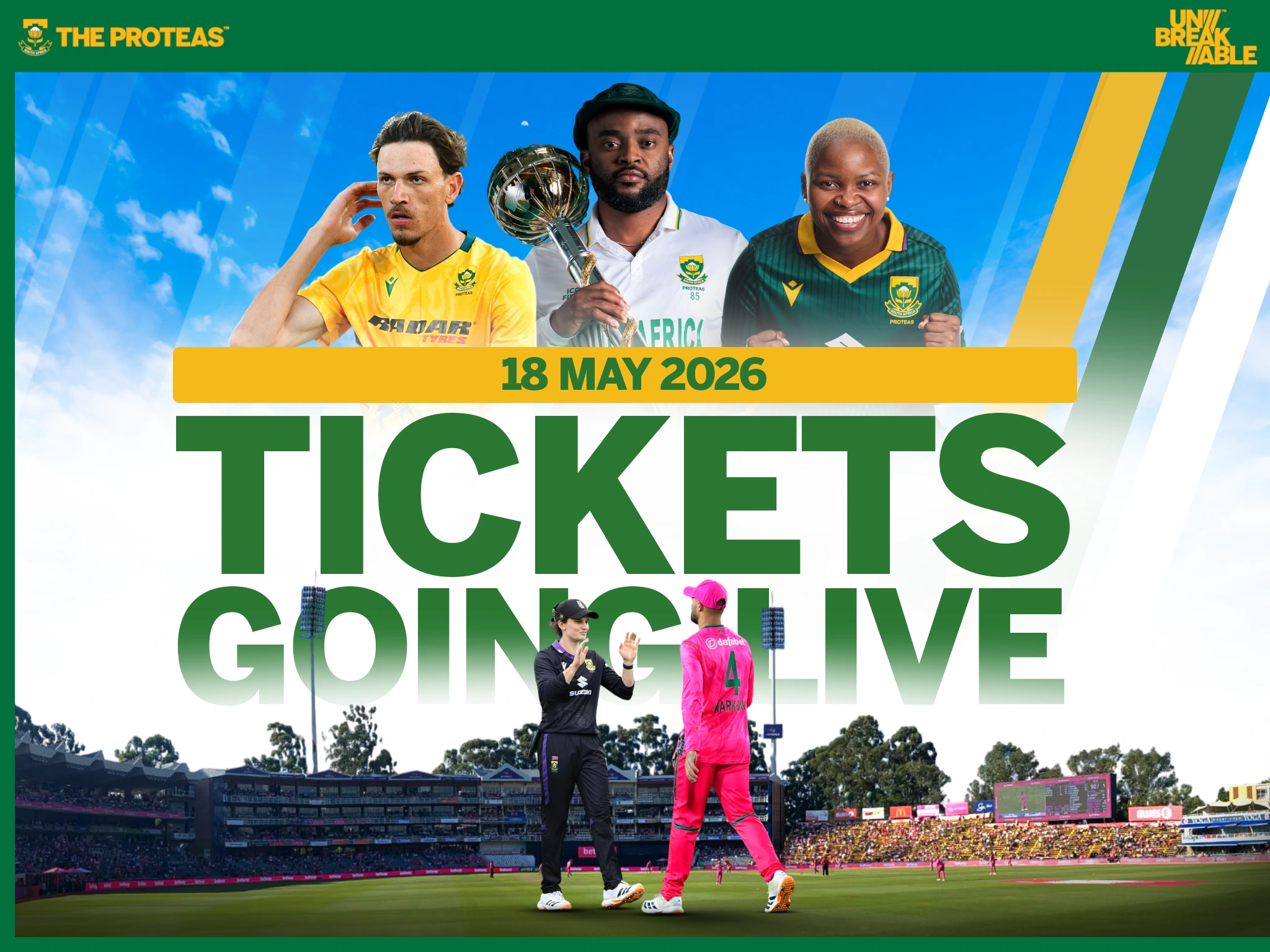 Promotional Proteas cricket poster with three players, trophy, blue sky, and a large 'TICKETS' headline over a yellow date banner (18 May 2026).