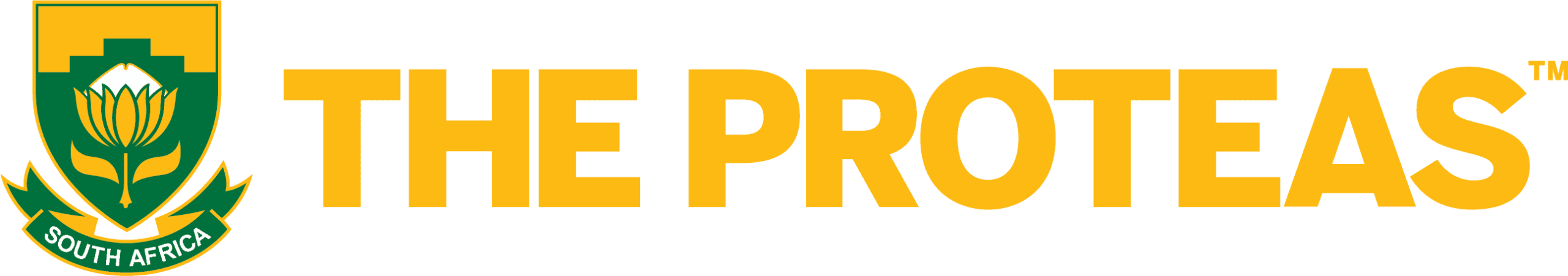 South Africa Proteas logo: green shield with protea flower and 'South Africa' banner, followed by bold gold text 'THE PROTEAS'.