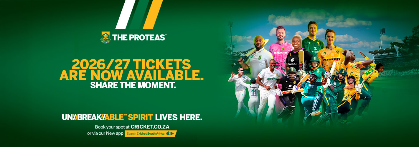 Cricket poster announcing 2026/27 tickets now available with The Proteas logo and players collage on a green background on the right.