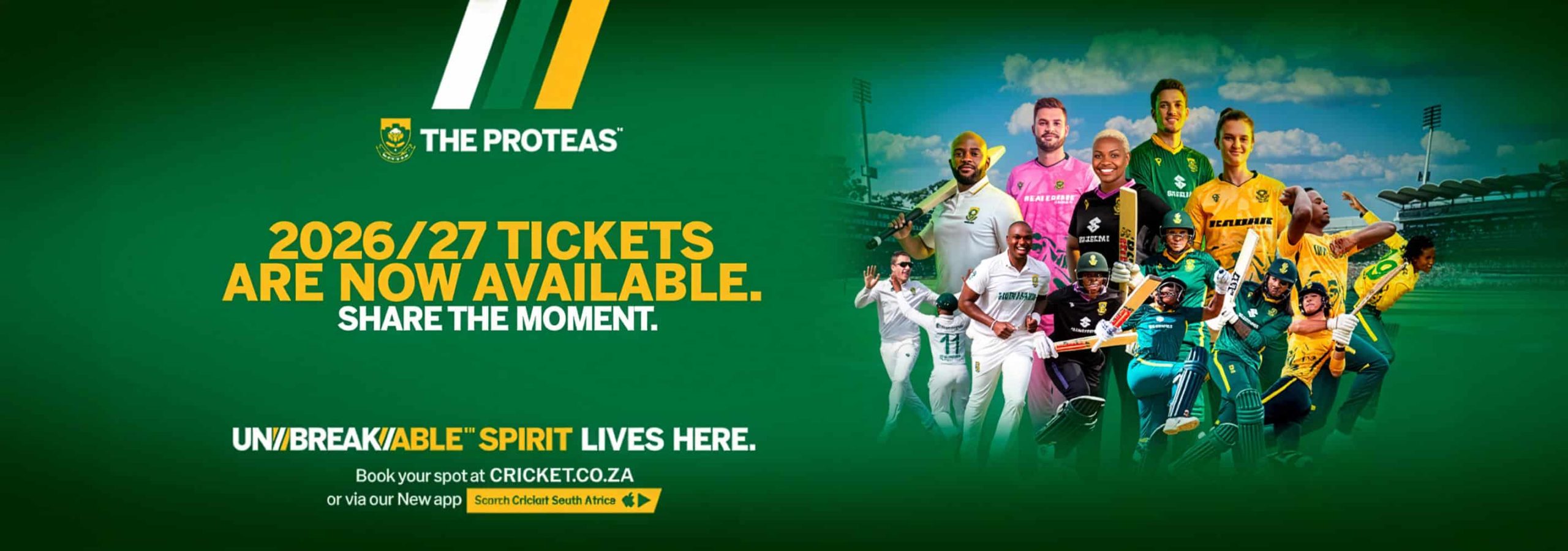 Cricket poster announcing 2026/27 tickets now available with The Proteas logo and players collage on a green background on the right.