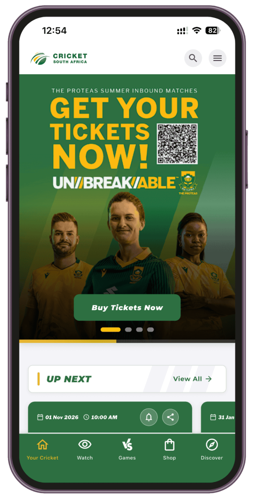 Cricket South Africa app home screen: green promotional banner reading 'GET YOUR TICKETS NOW!' with a QR code and three players below.