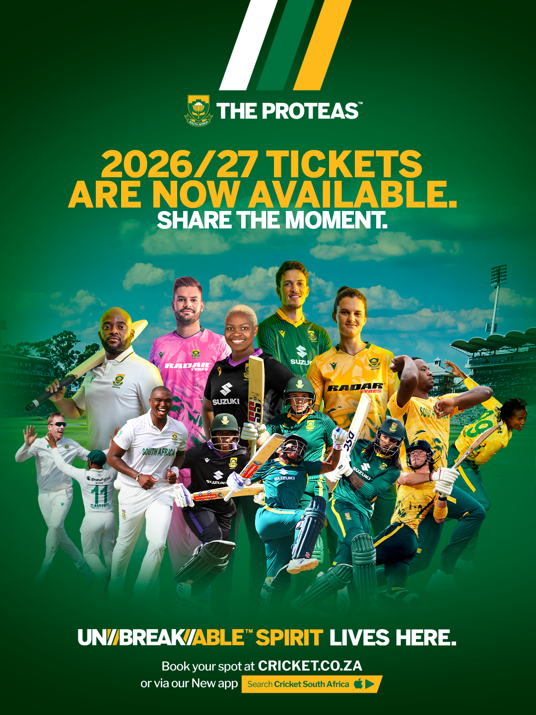 Promo poster for The Proteas: '2026/27 TICKETS ARE NOW AVAILABLE. SHARE THE MOMENT.' with a collage of cricket players and team logo above the text.